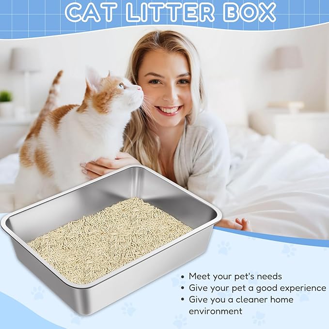 LIHONG Stainless Steel Cat Litter Box for Cat and Rabbit, Odor Control Litter Box Non Slip Rubber Feet. Odor Control, Non Stick, Never Bend 16" L x 12" W x 4" H