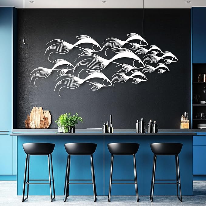 School of Fish Metal Wall Art, Metal Fish Wall Decor, Sea Life Wall Art, Large Nautical Wall Hanging, Modern Beach House Wall Decor, Ocean Themed Artwork for Bathroom (Black, 48"x20" | 121x51cm)