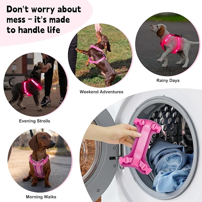 Rechargeable Light Up Dog Harness for Small Dogs – Adjustable LED Dog Vest with Reflective Strips, No Pull Glow in The Dark Puppy Harness for Night Walking Safety-Pink