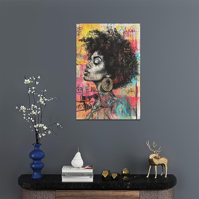 Quorin African American Wall Art Banksy Graffiti Black Woman Pictures Black Girl Wall Decor Canvas Print Painting Artwork for Bathroom Living Room Bedroom 16"x24"