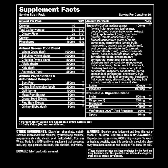 Animal Daily Greens Pill Packs - Kale, Wheat Grass, Alfalfa & More - Convenient Prebiotic and Probiotic Superfood Blend for Superior Digestion, Gut Health, and Immunity For Men & Women - 30 Day Supply