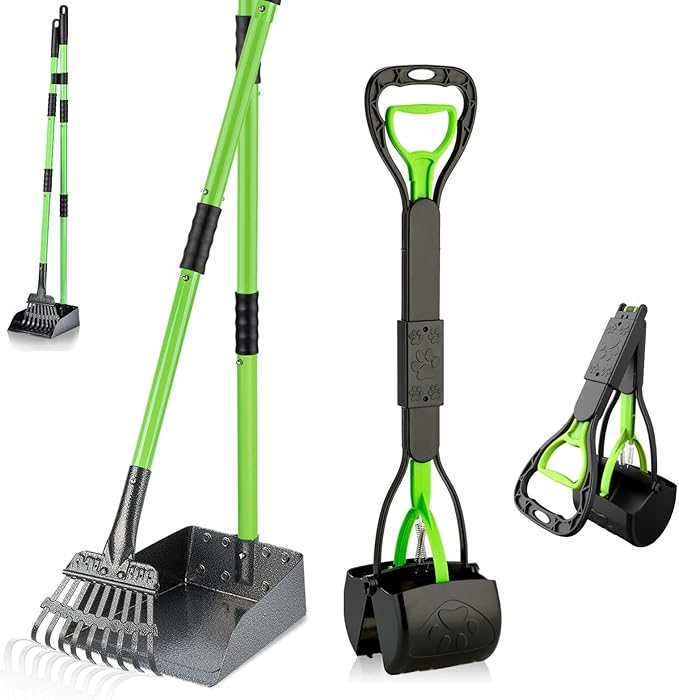MXF Dog Pooer Scooper Set, 2 in 1 Pet Poop Scooper with Long Handle 28" Dog Poop Picker Upper and Stainless Metal Tray & Rake for Medium & Small Dogs, Heavy Duty for Grass, Dirt, Gravel