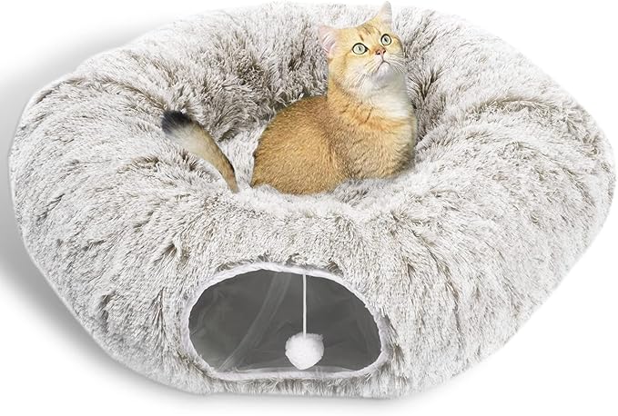 AUOON Cat Tunnel Bed - Cat Donut Tunnel with Soft Plush Circle Cushion for Indoor Cats Kitten Kitty Puppy Rabbit Ferret (Khaki)