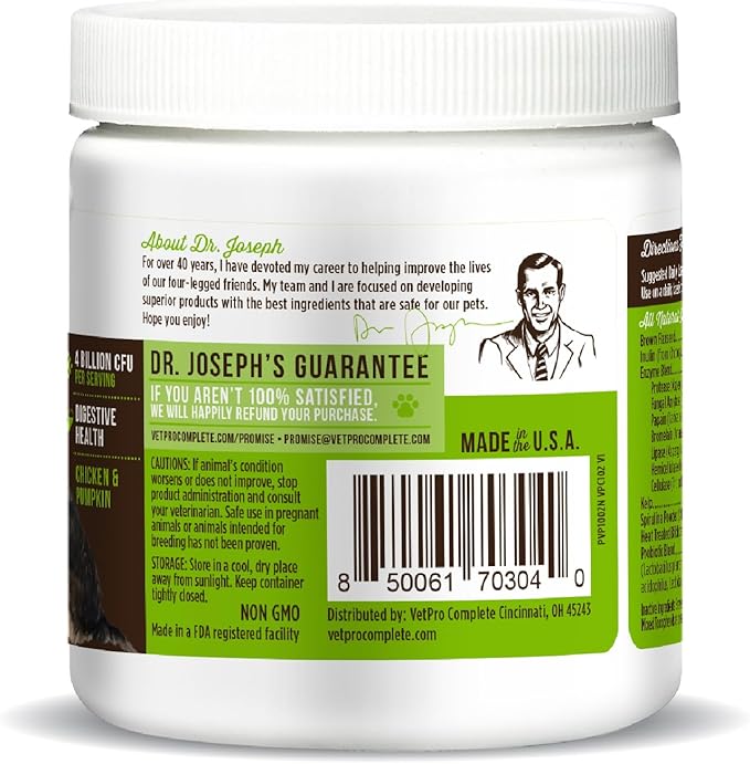 Dr. Joseph's VetPro Complete Advanced Powdered Pre & Probiotics for Dogs, 90 Scoops, Supports Gut Health, Diarrhea, Digestive Health & Seasonal Allergies, Chicken/Pumpkin Flavor, Add to Food