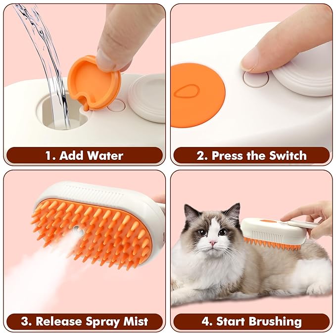 Cloud Care Cat Brush, Cat Steam Brush for Shedding, 4-In-1 Self-Cleaning Pet Steam Brushs for Long and Short Hair Cats and Dogs Grooming Supplies