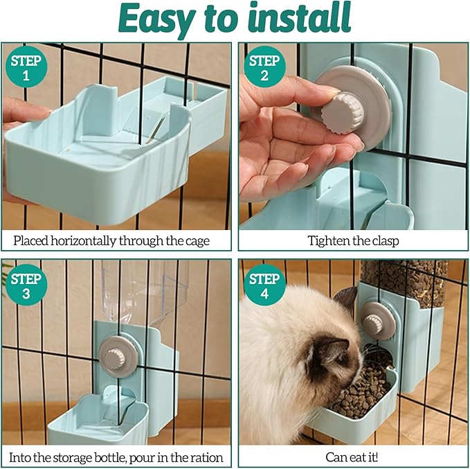 kathson Hanging Automatic Rabbit Pet Food and Water Dispenser, Auto Gravity Bunny Feeders for Cages, Detachable Self-Feeding Feeder and Waterer Set for Ferrets Chinchilla Hedgehog (Light Blue)