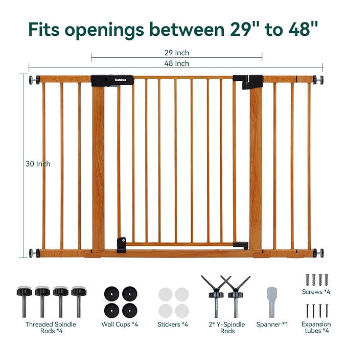 BABELIO 29-48" Metal Baby Gate with Brown Wood Pattern, Auto Close Dog Gate for The House, Stairs and Doorways, Pressure Mounted Pet Gate with Door, Safety Gate for Child and Pets