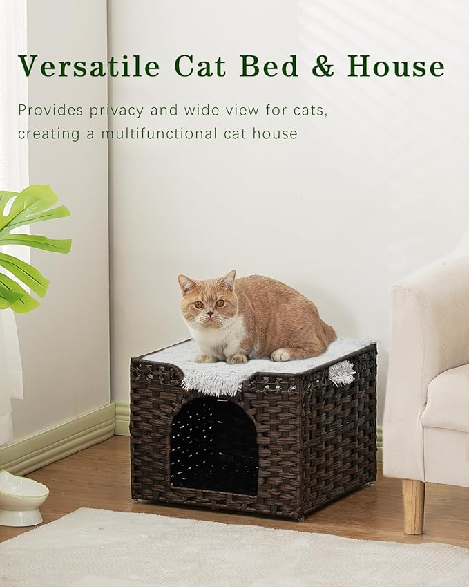 Cat Beds Indoor Kitten House, Handwoven Rattan Cat Cave Pet Cube, Large Cat Houses, One Bed Mat, Foldable, Hideaway, 16.5x16.5x13.2 Inches, 2 S-Shaped Hooks in Living Room Bedroom Brown