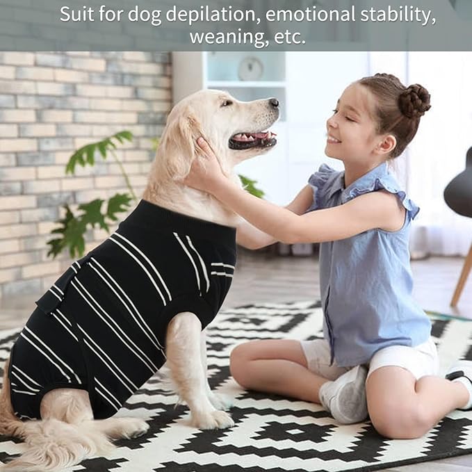 Kuoser Dog Surgery Recovery Suit for Female Male Dogs, Stripes Spay Neuter Anti-Licking Dog Onesie, Surgical Suit Snugly Pet Post Surgery Vest Bodysuit for Abdominal Wounds Skin Disease, Black S