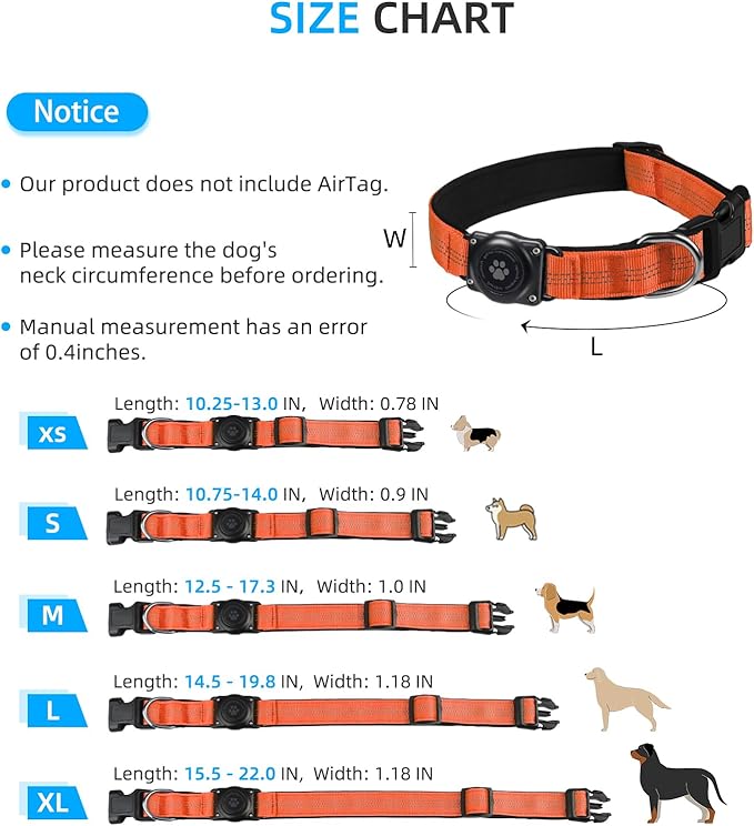 Upgraded AirTag Dog Collar, IP68 Waterproof Air Tag Dog Collar Holder, Reflective, Ultra-Durable, Comfortable Padded, Heavy Duty Dog Collars for Small Medium Large Dogs (XL (15.6"-22"), Orange)