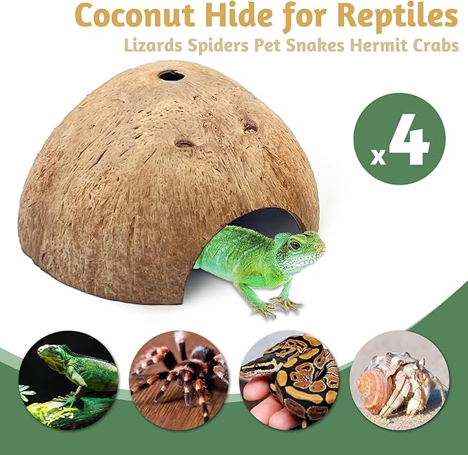 PINVNBY 4 PCS Natural Coconut Reptile Hideouts Lizard Coco Hut Hermit Crab Hut Aquarium Fish Hide Cave Spider Snail Climber Toys