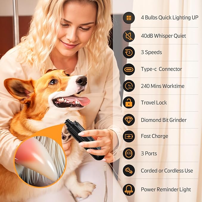 YABIFE 4-Lights Dog Nail Grinder, Easy Quick Locate Dog Nail Trimmers, for Puppy Paw Toenails or Pets from Small, Medium to Large, with Travel Lock, Whisper Quiet, Heavy Duty 3 Speeds