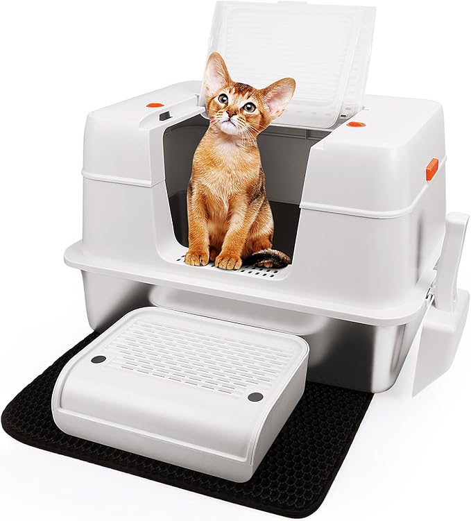 Vivifying Stainless Steel Litter Box with Lid, XL Side Entry Extra Large Litter Box for Big Cats & Kitty, Removable Enclosed Metal Cat Pan with High Sided Enclosure, Scoop, Mat, Footboard (Beige)