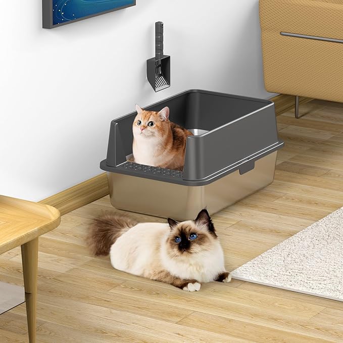 2PACK Stainless Steel Cat Litter Box with High Sides Lid, Extra Large XL Litter Box for Big Cats, Metal Kitty Litter Boxes with Anti-Leakage Enclosure,Non-Stick,Odorless,Scoop Included