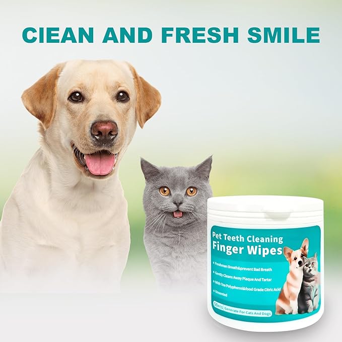 Pet Dental Finger Wipes for Cats & Dogs - 50 Count | Plaque Remover, Tartar Control & Breath Freshener | Soft Gauze Teeth Cleaning Pads for Pets