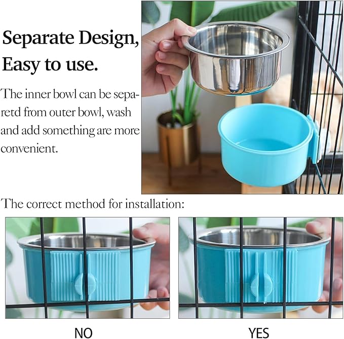 kathson Crate Dog Bowl 2pcs, Removable Stainless Steel Hanging Pet Kennel Cage Bowl Food & Water Feeder Coop Cup for Puppy, Cat, Rabbit,Guinea Pigs Large (Blue,Green)