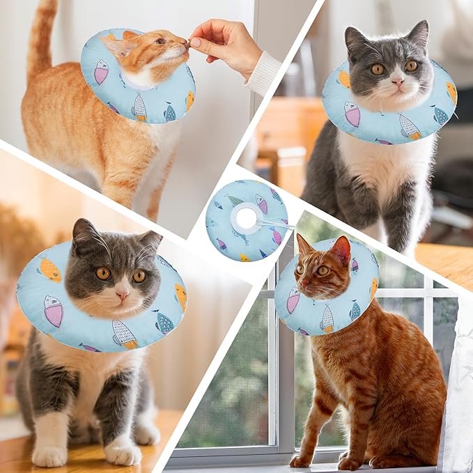 Cat Cone Collar Soft, Spay Soft Cones to Stop Licking, Cat Neck Donut Pillow After Surgery, Spay Cones for Kittens, Soft Recovery Cone for Cats, Elizabethan Kitten Cones (Blue Fish, Medium)