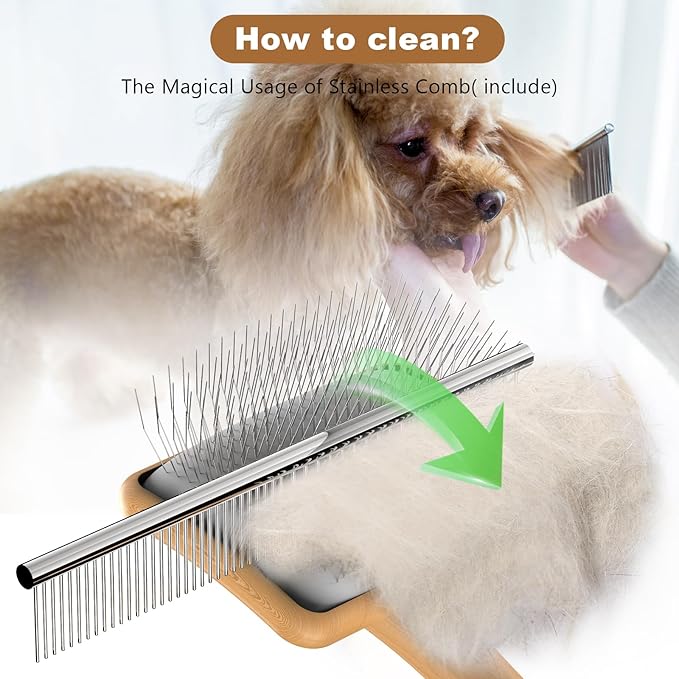 Slicker Brush for Dog, Doodles and Poodle Brush, for Tangles, Fluff Coat, Curly Hair Pets, Remove Loose Fur, Matts, Undercoat, Double Coat, 24mm Pins, 3.5''*2.4'' Head, Medium Size, Wood