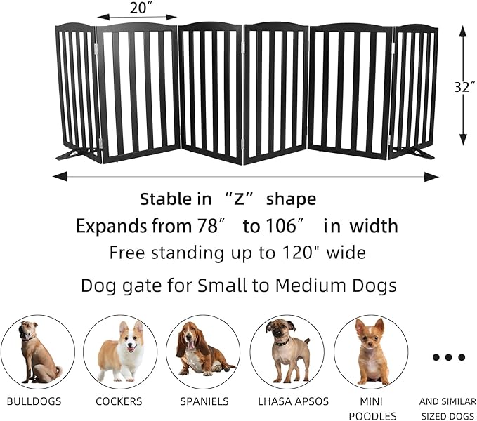 ZJSF Foldable Freestanding Indoor Dog Gate for House Wood Long Pet Gates Dog Fence for Stairs Puppy Gates for Hallways, Puppy Gate,Support Feet Included, Black, 32 "Height-6 Panels