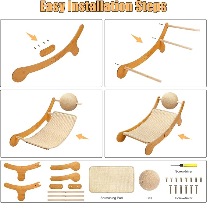 Outamateur Sisal Cat Scratcher Bed, Cat Hammock Chair, 3 in 1 Cats Scratcher Lounge, Cats Mini Beach Chair with Toy Ball, Pet Beds with Removable Sisal Pad for Indoor Small Animal, Puppy, Rabbit