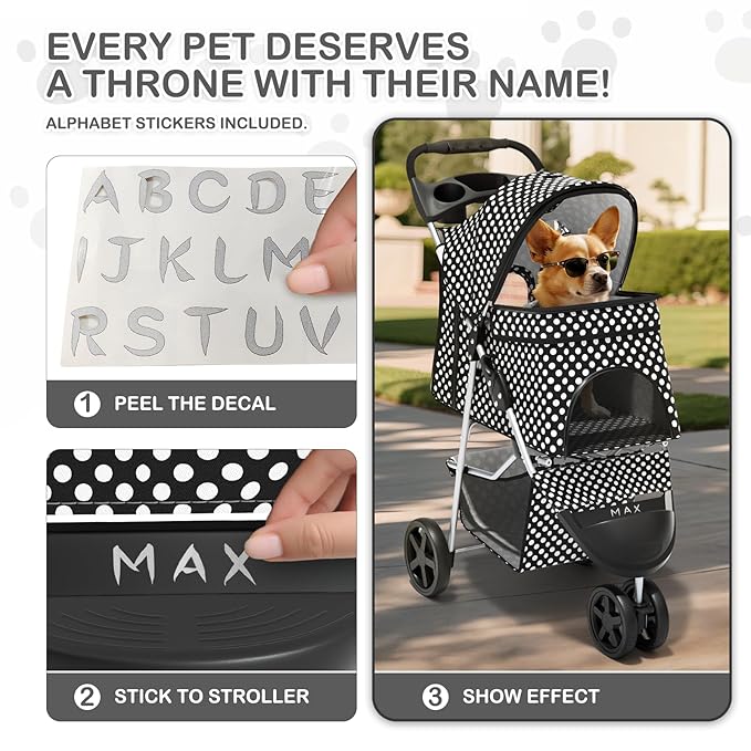 MoNiBloom 3 Wheels Pet Dog Cat Stroller for Small Medium Dogs Cats, Foldable Jogger Stroller w/Storage Basket and Cup Holder, Black Polka Dots