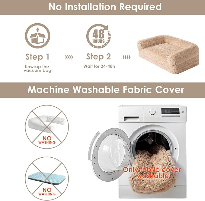 EHEYCIGA Foldable XXL Dog Bed, Faux Fur Fluffy Pet Couch Bed for Extra Large Dogs, Orthopedic Calming Memory Foam Big Pet Bed, Washable Soft Pet Sofa Bed with Non-Slip Bottom, Camel, 54"x38"x7.5"