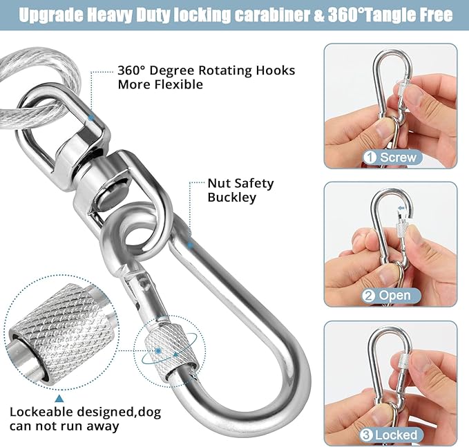 Jenico Dog Tie Out Cable, 10-150FT Runner Cable with Swivel Hook and Shock Spring, Yard & Camping Dog Leash Tether for Small to Medium Pets Up to 500 LBS