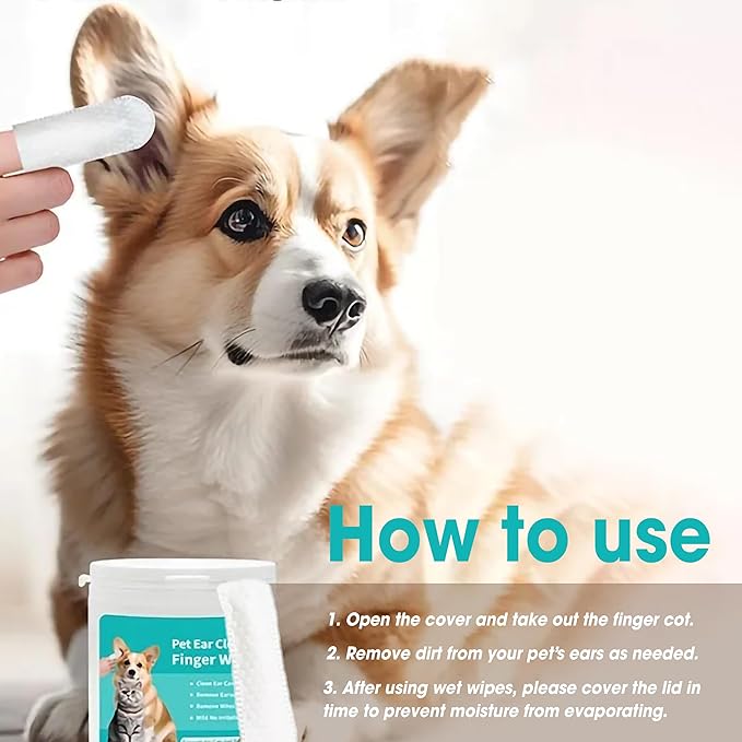 Ear Wipes for Dogs & Cats - Comfortable Finger Design, Gentle Ear Wax, Debris, and Dirt Cleaning | 50-Count Pack
