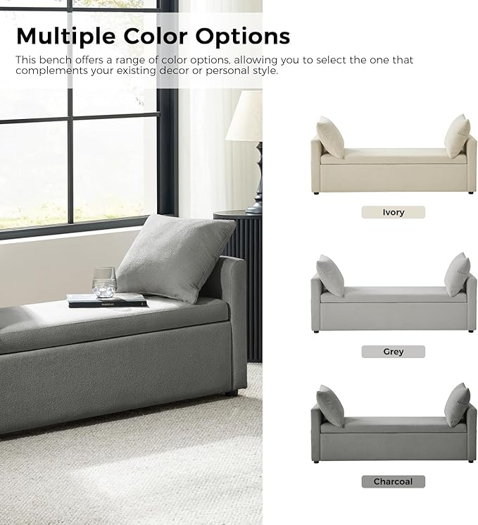 HULALA HOME Modern Storage Ottoman Bench with Throw Pillows, 59" Extra Long End of Bed Bench with Storage Pocket, Comfy Upholstered Footstool for Bedroom Entryway Living Room, Charcoal