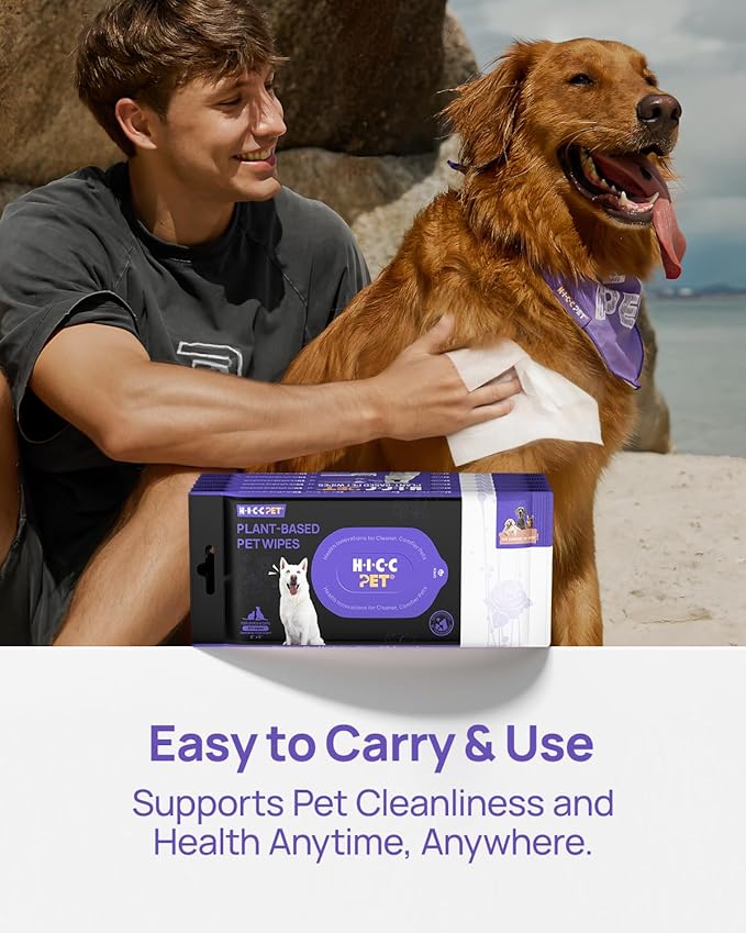 HICC PET Cleaning Deodorizing Wipes for Dogs & Cats, Vet Recommended Nourishes Smoothes Fur Pet Grooming Wipes with Fermented Coconut Oil, Hypoallergenic Plant-Based Dog Wipes for Paws and Butt