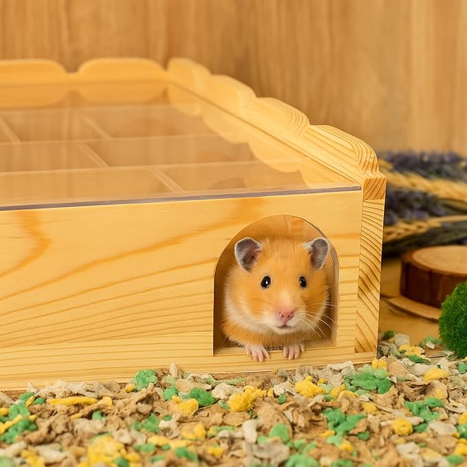 ZENFUN Wooden Hamster Maze with Clear Acrylic Cover, Multi-Chamber Hamsters Hide Tunnel Cage, Hideout Tunnel Toy Shed and Explore Toy for Dwarf Hamsters Mice Small Gerbil(Free-Installation)