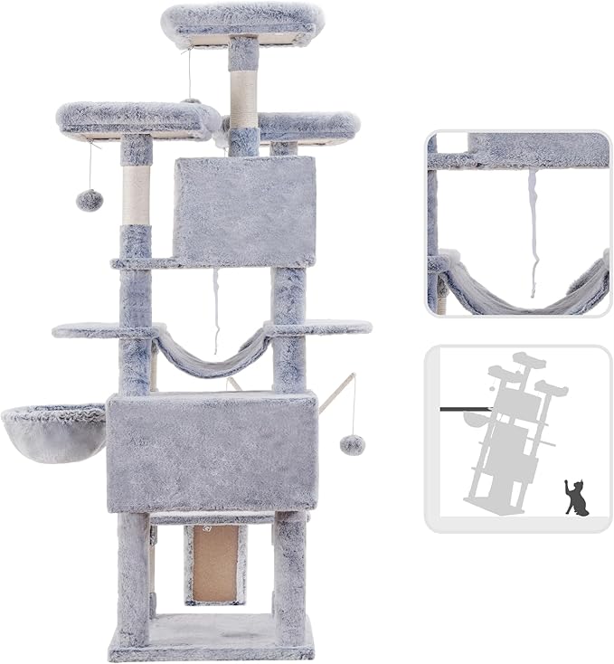 Hey-brother Cat Tree, 71 inches XL Large Cat Tower for Indoor Cats, Multi-Level Cat House with 3 Padded Perches, Big Scratcher, Cozy Basket, 2 Cat Condos and Scratching Posts,Pewter MPJ034PE