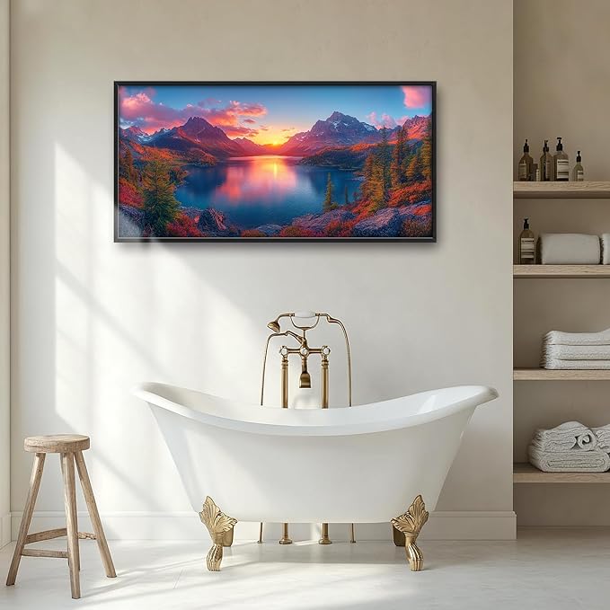 Large Lake Mountain Landscape Wall Art for Living Room, Nature Sunrise Canvas Oversized Wall Decor, River Forest Scenery Framed Pictures Painting Print Artwork for Bedroom Office 60"L x 30"W