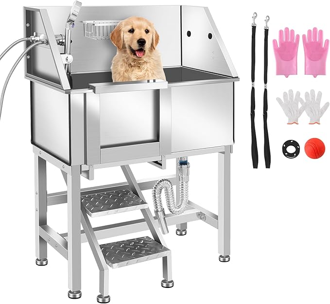 Professional Dog Washing Station, Stainless Steel Dog Bathing Station, Dog Wash Station, Storage Drawer, Upgrade Parts, Home, Commercial,34" L-RAMP
