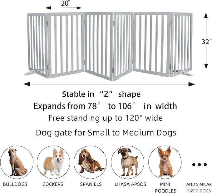 ZJSF Freestanding Indoor Dog Gate for House Foldable Wood Puppy Gate for Doorways Pet Gate for Stairs Extra Wide Pet Fence, Grey, 32" Height 6 Panels