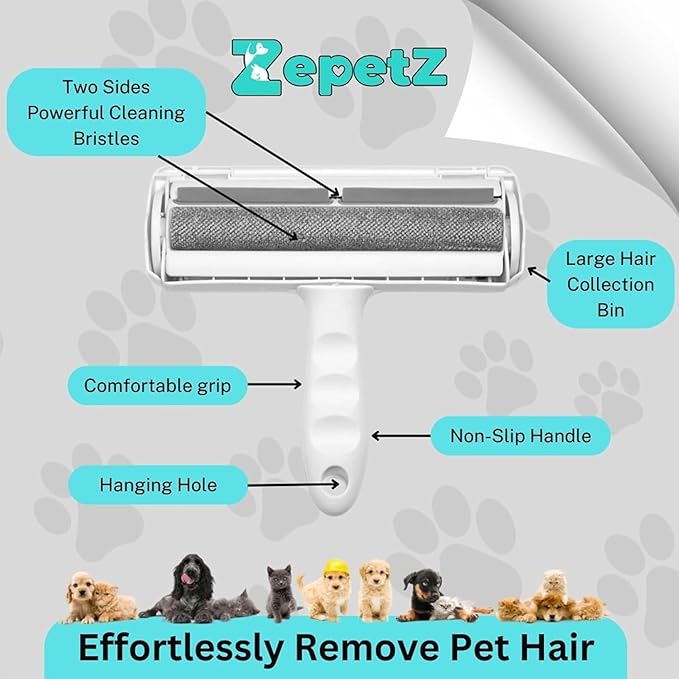 Pet Hair Removal Tool – Reusable Lint Roller for Dogs & Cats – Self-Cleaning Fur Remover Brush – Ergonomic Lint Roller for Carpet, Bedding, Couch, Car Seat & More (White)