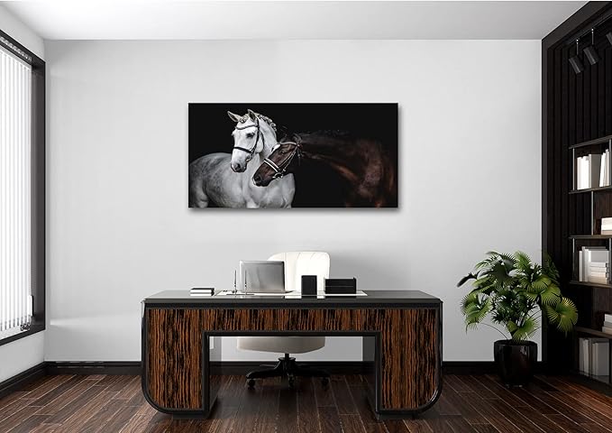 Jiuqinghua Wall Art Canvas Print Picture White and Brown Horses 1 Panel Wild Animal Painting Artwork for Living Room Bedroom Office Home Wall Decor Stretched and Framed Ready to Hang 24x48inches