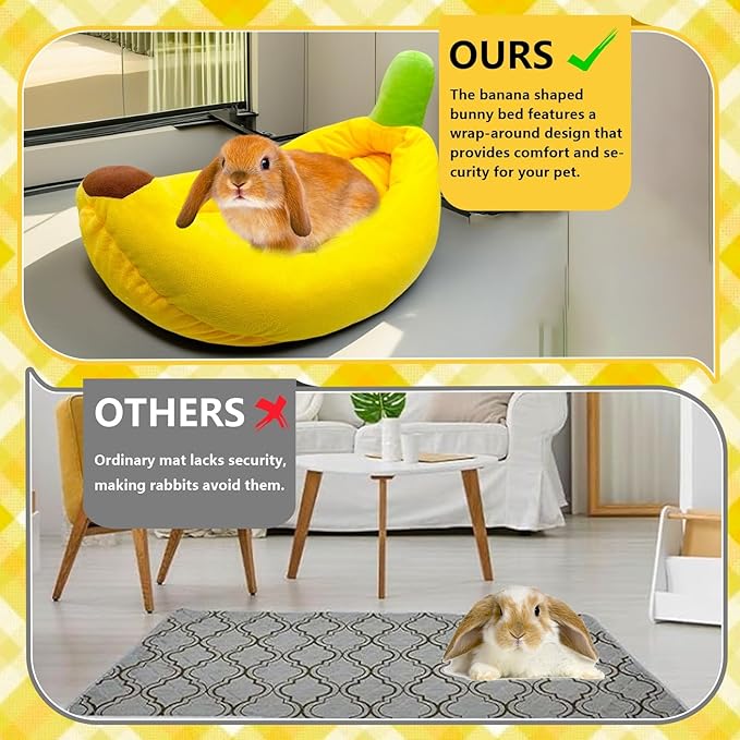 Rabbit Bed,Bunny Bed,Thick&Soft with Removable Mat,Machine Washable Guinea Pig Cushion,Cozy Rabbi Plush House,Warm Small Animal Sleeping Beds(Yellow Banana Shape-L)