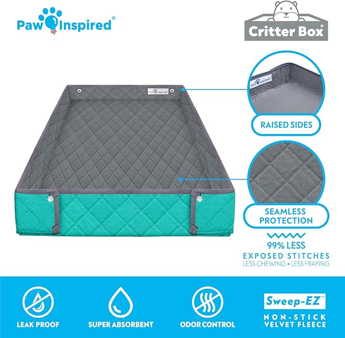 Paw Inspired Critter Box Washable Cage Liner, Reversible Fleece Bedding with Raised Sides for Guinea Pigs and Other Small Animals (C&C 2x3 (14" Grids), Gray/Green)