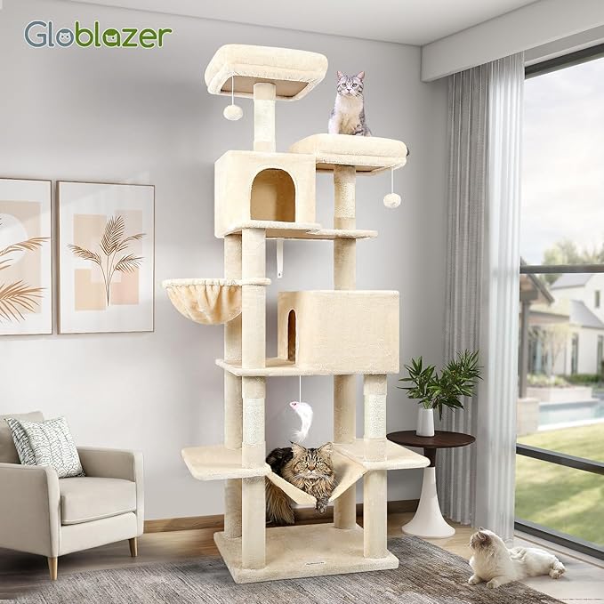 Globlazer Cat Tree Tower, 76-Inch Extra Tall Multi-Level Cat Furniture with Cozy Condos, Hammock and Perches for Adult Cats, Perfect for Climbing, Scratching, and Play, F76, Beige