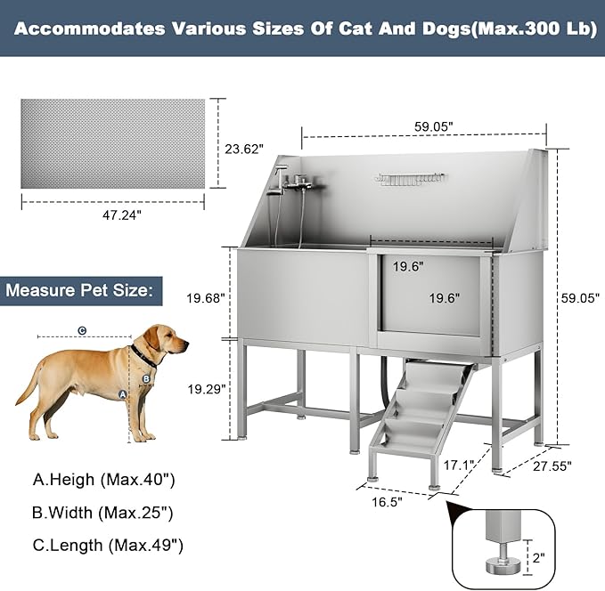 62" Professional Stainless Steel Dog Bathing Station, Large Dog Washing Station W/Dog Bath Brush, Washing Gloves, Floor Grate, Dog and Cat Bath Tub, Dog Washing Sink (62 Inch Right Door)