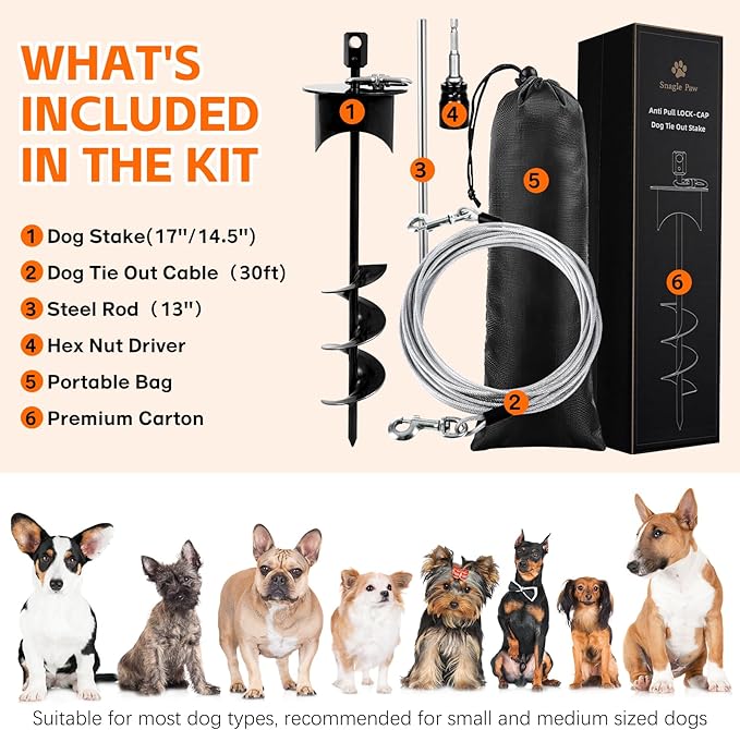 Snagle Paw Dog Tie Out Cable & Stake with Lock Cap - 30ft Heavy Duty Rust Proof Cable, 360° Swivel Dog Yard Leash & Stake Up to 220 lbs - Ground Anchor for Yard, Beach, Camping & Outdoor Use