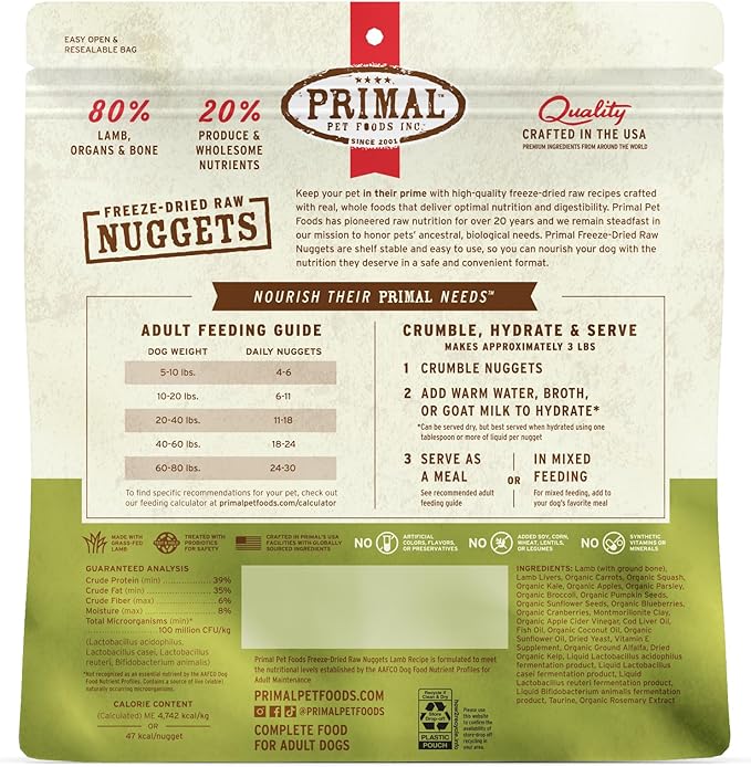 Primal Freeze Dried Raw Dog Food Nuggets, Lamb, Complete & Balanced Meal, Also Use as Topper or Treat, Premium, Healthy, Grain Free, High Protein Raw Dog Food, 14 oz (Pack of 4)