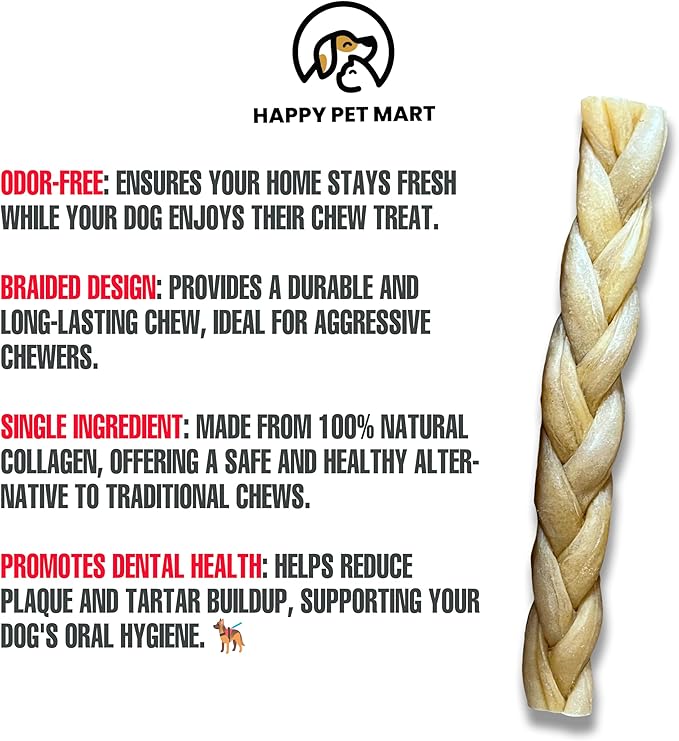 Odor-Free Super Braided Collagen Dog Chews (10-Inch). - Long-Lasting Bully Stick & Rawhide Alternative, Single Ingredient Chew Treat for Aggressive Chewers (Pack of 20)