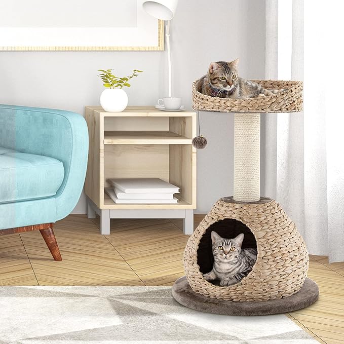 Tangkula Modern Cat Tree, Small Cat Tower with Natural Sisal Scratching Post, Hand-Made Wicker Cat Condo & Top Perch, Funny Hanging Toy Ball, Cute Cat Tree Tower for Indoor Cats