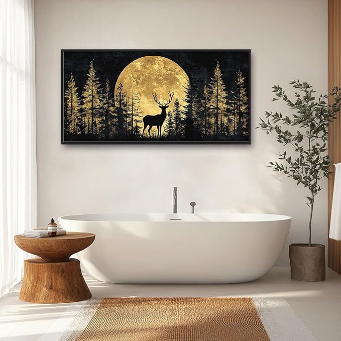 Large Moon Deer Forest Wall Art for Living Room, Black Gold Canvas Oversized Wall Decor, Elk Animal Framed Pictures Painting Print Artwork for Bedroom Office 60L" x 30W"