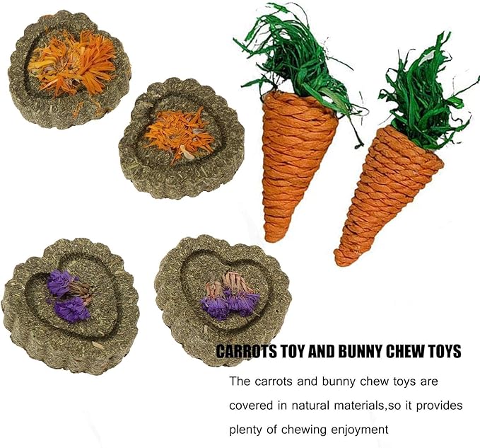 kathson 2 Pcs Large Rabbit Grass House Natural Foldable Hand Woven Seagrass Bed Carrot Hay Toy Hut Safe Comfortable Playhouse with Bunny Chew Toys for Bunny Hamster Guinea Pig Chinchilla Ferret