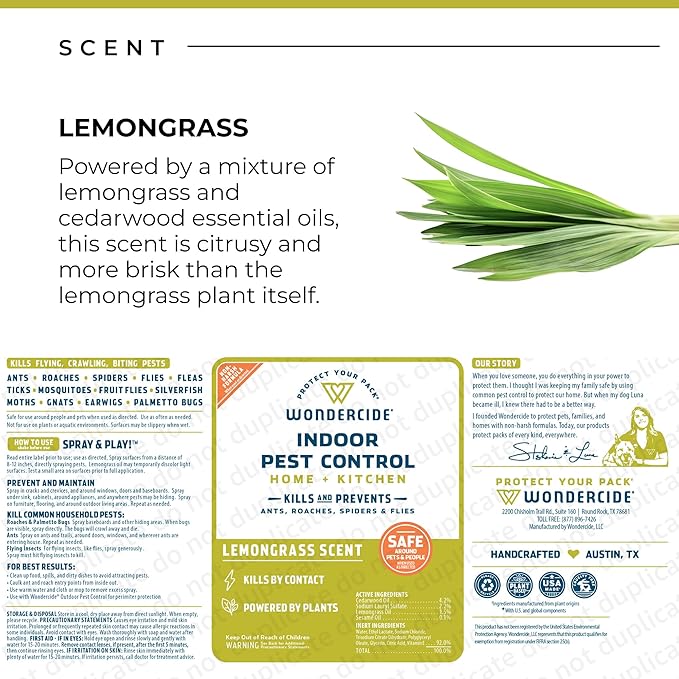 Wondercide - Indoor Pest Control Spray for Home and Kitchen - Ant, Roach, Spider, Fly, Flea, Bug Killer and Insect Repellent - with Natural Essential Oils - Pet and Family Safe — Lemongrass 16 oz