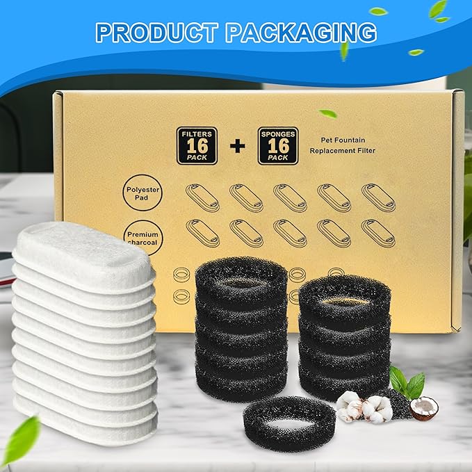 Cat Water Fountain Filters, 32 Pack Cat Replacement Filters for Stainless Steel 108oz/3.2L& 67oz/2L adjustable Flow Pet Water, Dog Fountain Filter(16+16 Pack)