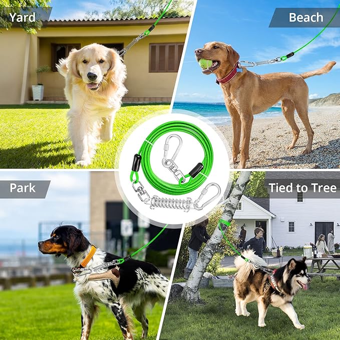 jenico Dog Tie Out Cable, 10/15/20/30/40/50/70/100/150FT Runner Cable with Swivel Hook and Shock Spring, Dog Leash Run Tether for Yard Outdoor and Camping,for Small to Medium Pets Up to 500 LBS